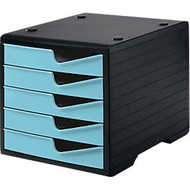 Styro Ladebox  swing, 5 laden, uittrekstop & verzonken greep, stapelbaar, B 270 x D 340 x H 255 mm, polystyreen, zwart-aqua