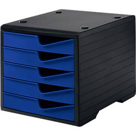 Styro Ladebox  swing , 5 laden, uittrekstop & verzonken greep, stapelbaar, B 270 x D 340 x H 255 mm, polystyreen, zwart-blauw