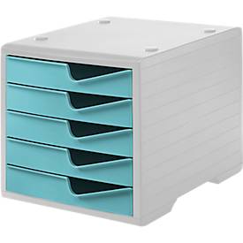 Styro Ladebox  swing, 5 lades, uittrekstop & verzonken greep, stapelbaar, B 270 x D 340 x H 255 mm, polystyreen, grijs-aqua
