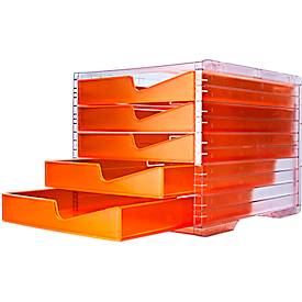 Styro Ladebox  swing NEONline, 5 laden, uittrekstop & verzonken greep, stapelbaar, B 270 x D 340 x H 255 mm, polystyreen, transparant neon oranje
