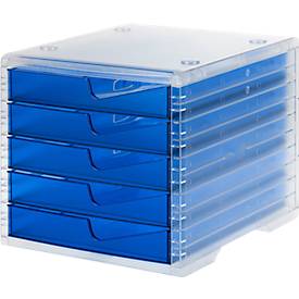 Styro Ladebox  swing light, 5 laden, uittrekbare stoppen & verzonken greep, stapelbaar, B 270 x D 340 x H 255 mm, polystyreen, transparant-blauw