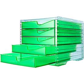 Styro Ladebox  swing NEONline, 5 laden, uittrekstop & verzonken greep, stapelbaar, B 270 x D 340 x H 255 mm, polystyreen, transparant neongroen