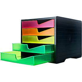 Styro Ladebox  swing NEONline, 5 laden, uittrekstop & verzonken greep, stapelbaar, B 270 x D 340 x H 255 mm, polystyreen, zwart-multikleurig