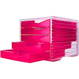 Styro Ladebox  swing NEONline, 5 laden, uittrekstop & verzonken greep, stapelbaar, B 270 x D 340 x H 255 mm, polystyreen, transparant-neonroze