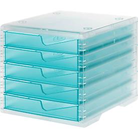 Styro Ladebox  swing light, 5 laden, uittrekstop & verzonken greep, stapelbaar, B 270 x D 340 x H 255 mm, polystyreen, transparant-aqua