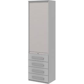 Roldeurkast BARI, 6 ordnerhoogten, 4 schuifladen, 3 legborden, afsluitbaar, B 600 x D 430 x H 2174 mm, lichtgrijs