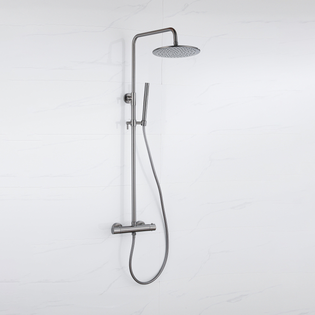 Fortifura Calvi Regendoucheset - thermostatisch - 25cm hoofddouche - gladde slang - staaf handdouche - Geborsteld Gunmetal PVD SW1159500 SW721165