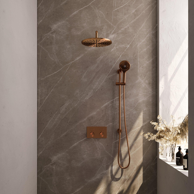 Brauer Copper Edition Thermostatische Regendouche inbouw - drukknoppen - SET 70 - 30cm hoofddouche - gebogen muurarm - 3 standen handdouche - doucheslang - geïntegreerde glijstang - koper geborst
