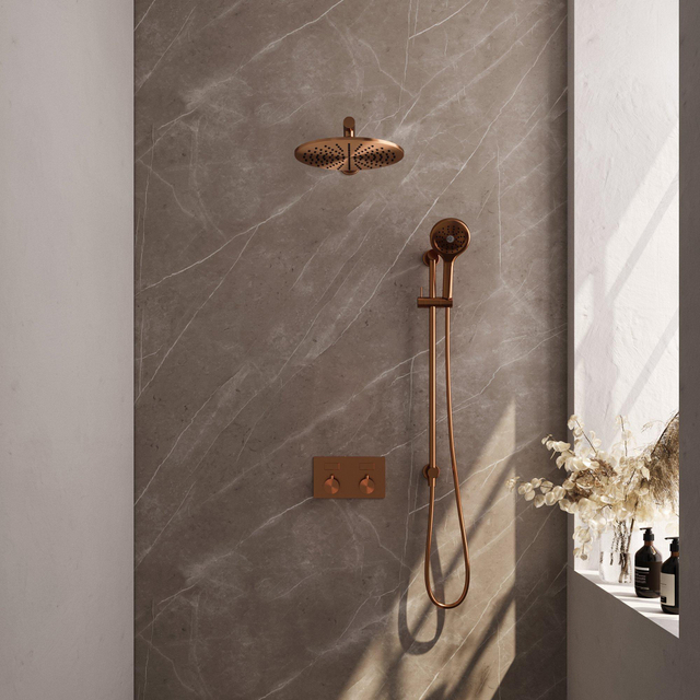 Brauer Copper Edition Thermostatische Regendouche inbouw - drukknoppen - SET 68 - 30cm hoofddouche - rechte muurarm - 3 standen handdouche - doucheslang - geïntegreerde glijstang - koper geborste
