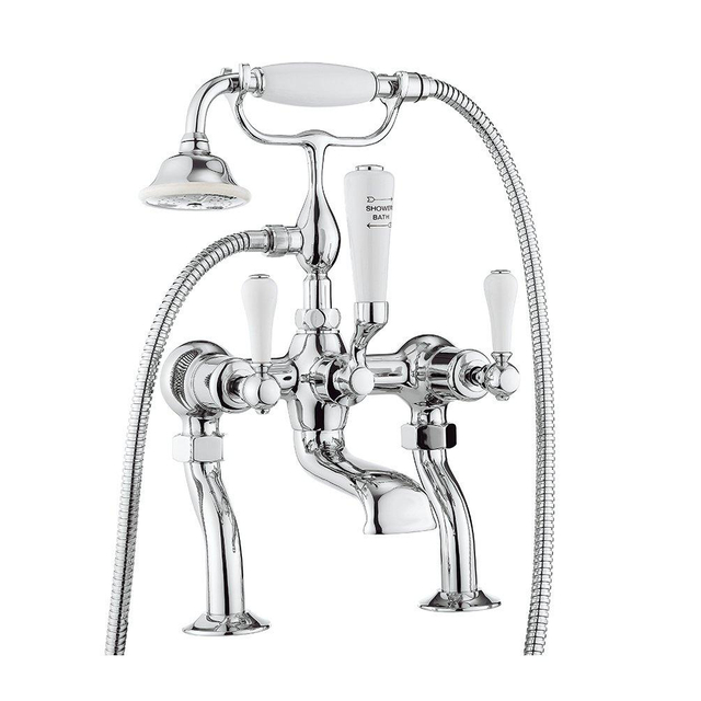 Crosswater Belgravia staande badkraan 2 gats met handdoucheset witte grepen chroom BL422DC_LV