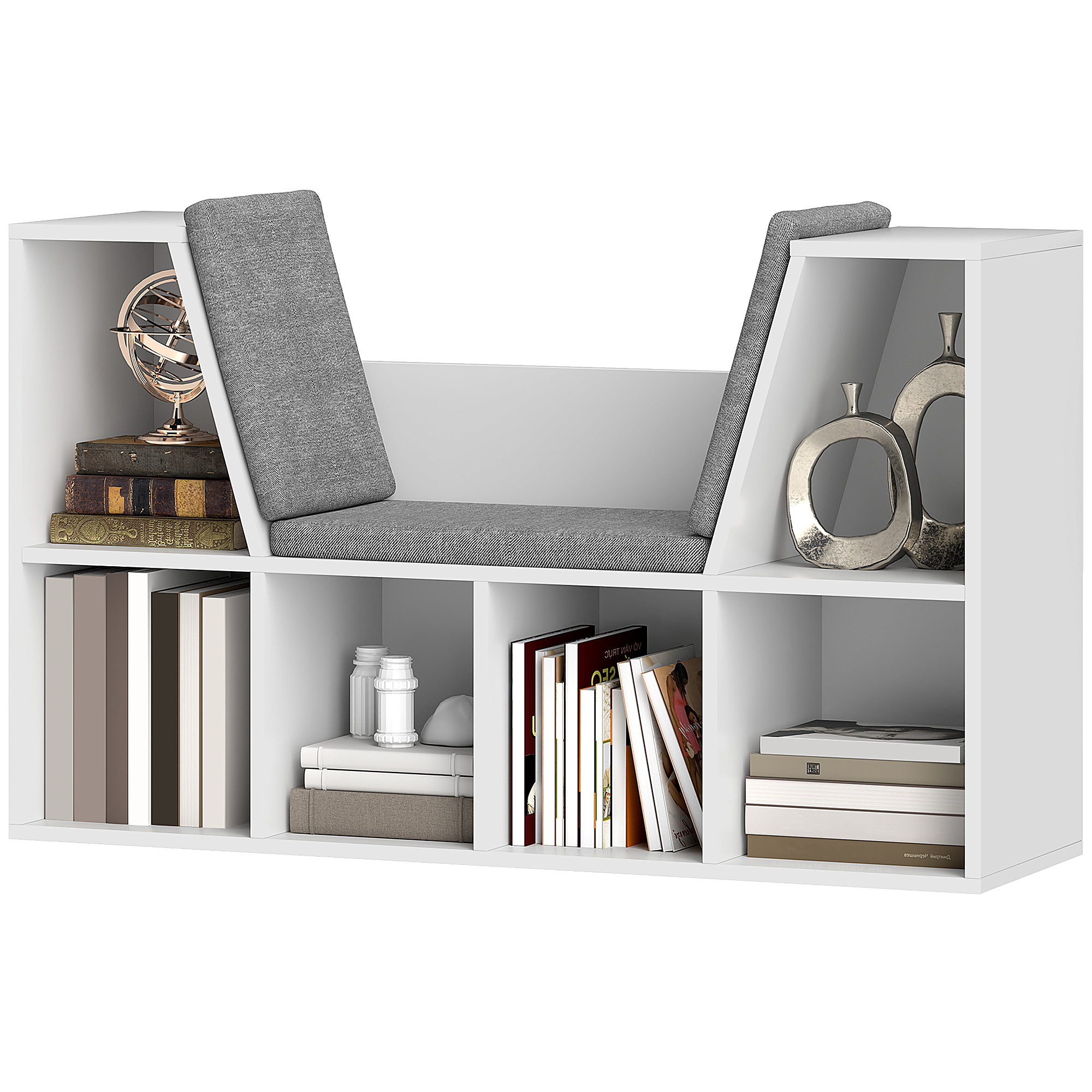 HOMCOM Boekenkast met Zitplek, multifunctioneel, 6 Vakken, stevig gestoffeerd, 105 x 30 x 63 cm, modern design, wit | Aosom.nl