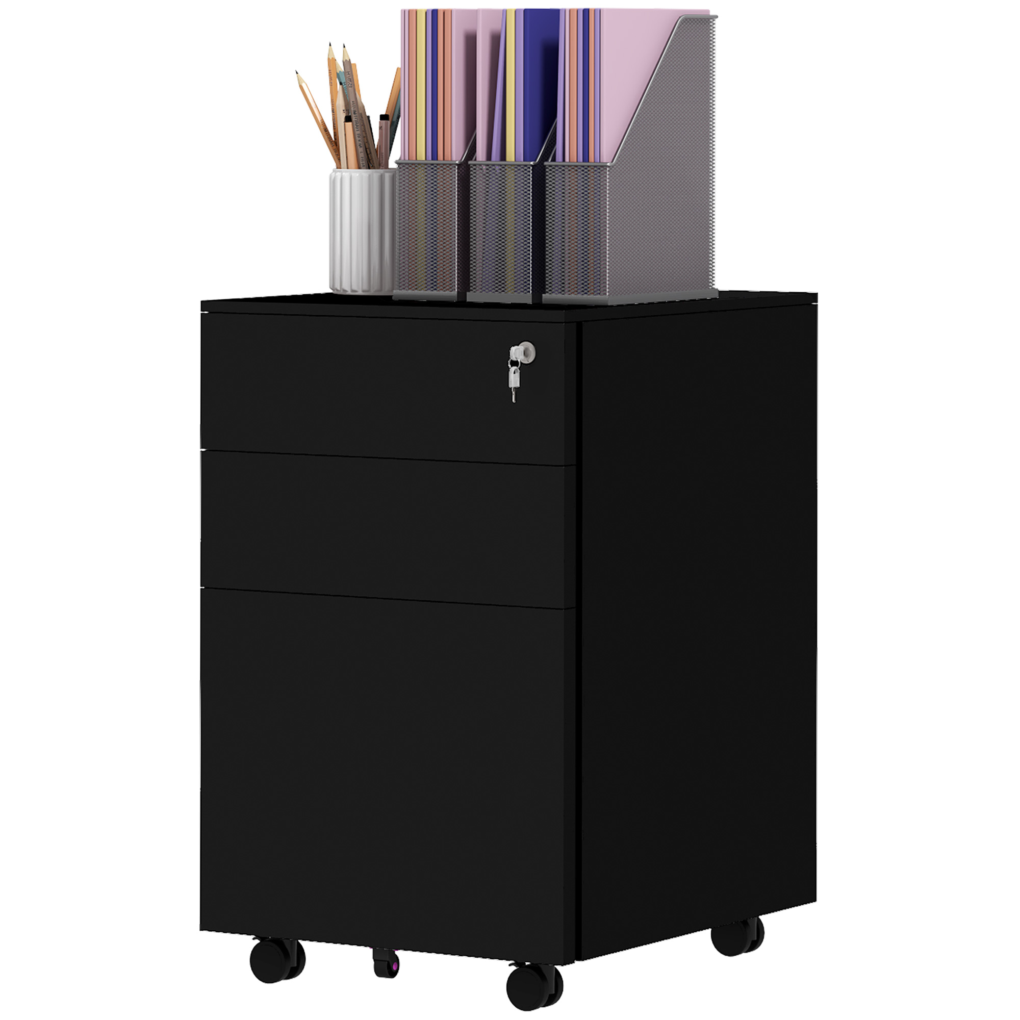 Vinsetto rolcontainer, afsluitbare dossierkast, 3 lades, op wielen, ruimtebesparend, 37 x 43,5 x 60 cm, zwart | Aosom.nl