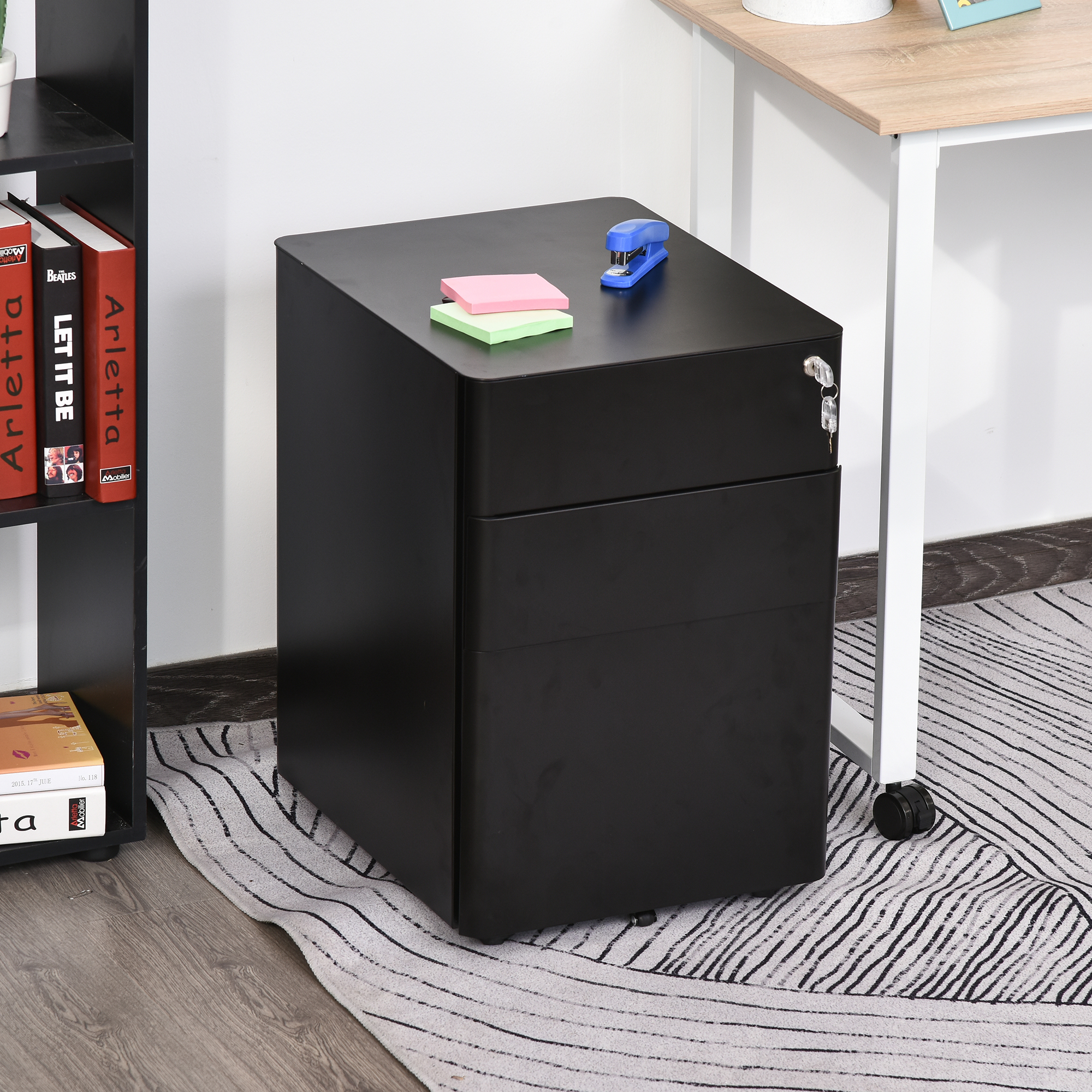 Vinsetto rolcontainer, mobiele archiefkast met 3 lades, ideaal voor kantooropslag, stevig staal, compact formaat, zwart, 39 x 48 x 59 cm | Aosom.nl