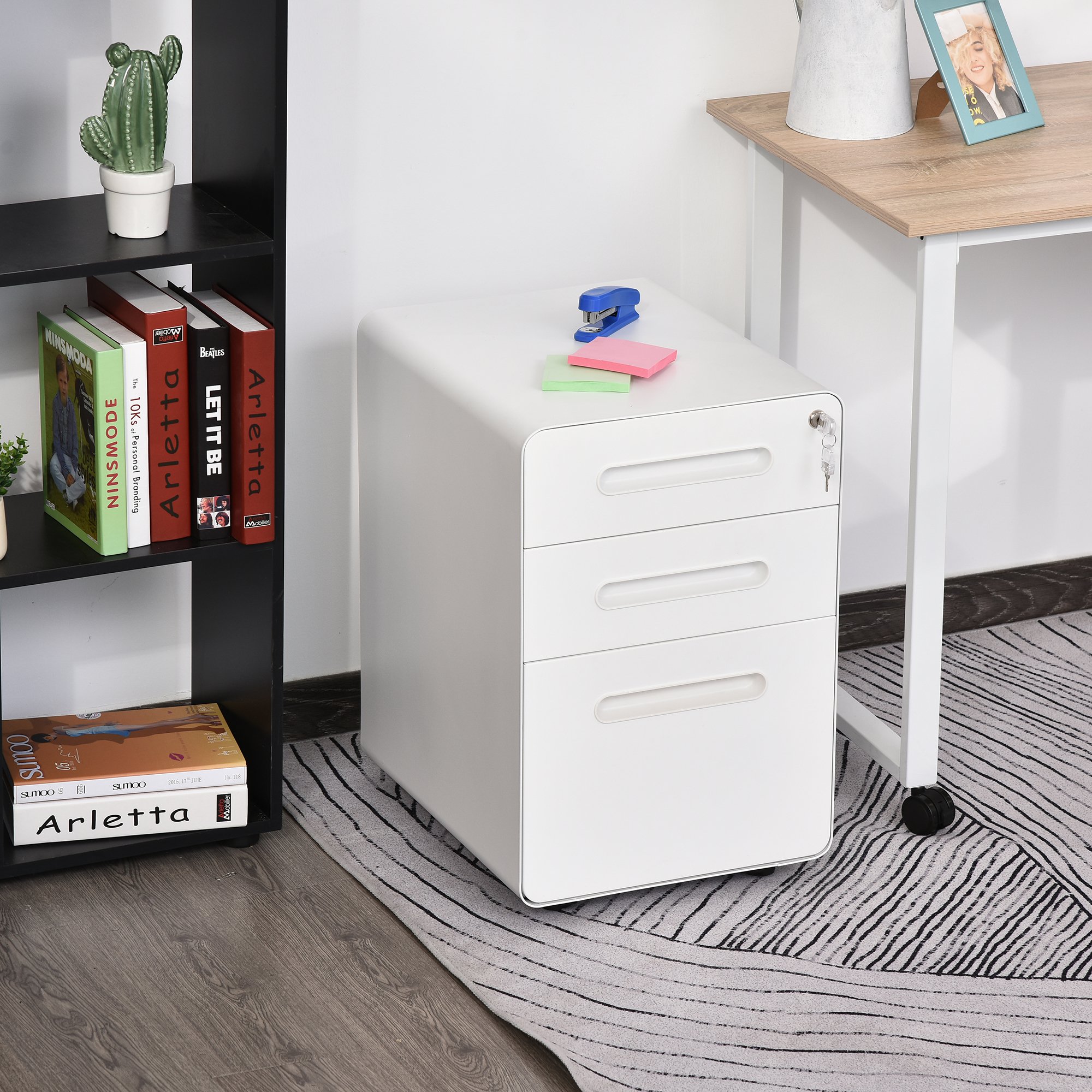 Vinsetto archiefkast met 4 zwenkwielen en met 3 lades, Multifunctioneel en grote capaciteit kantoorkast, staal, wit, 39 x 48 x 59 cm | Aosom.nl