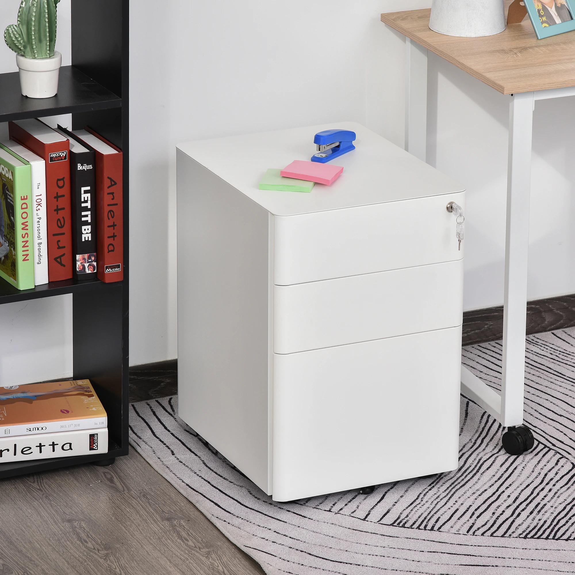 Vinsetto archiefkast met 4 zwenkwielen en met 3 lades, Multifunctioneel en grote capaciteit kantoorkast, staal, wit, 39 x 48 x 59 cm | Aosom.nl