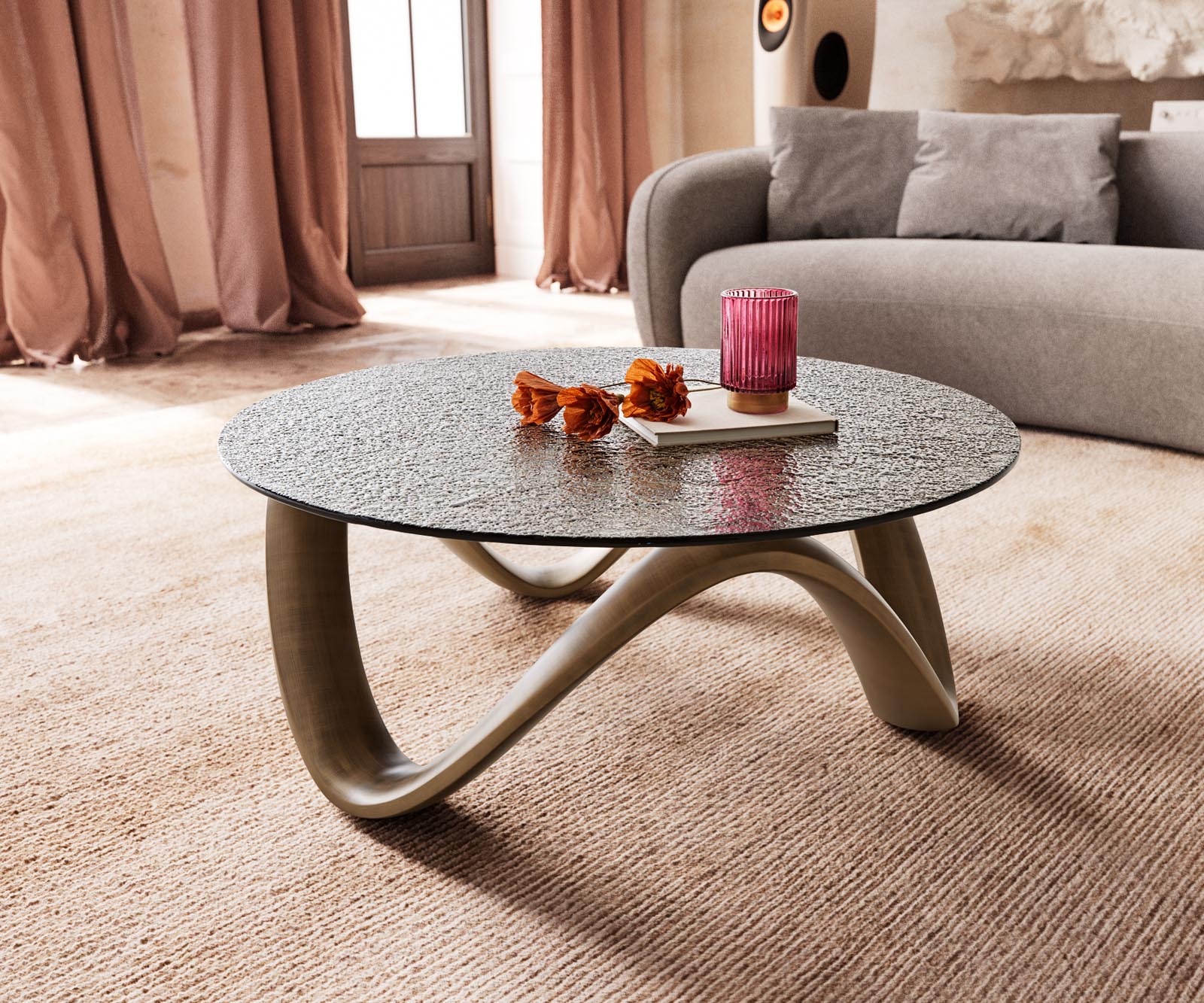 DELIFE Couchtisch Tanju 90x90 cm Metallic Gold mit Reliefglas Taupe