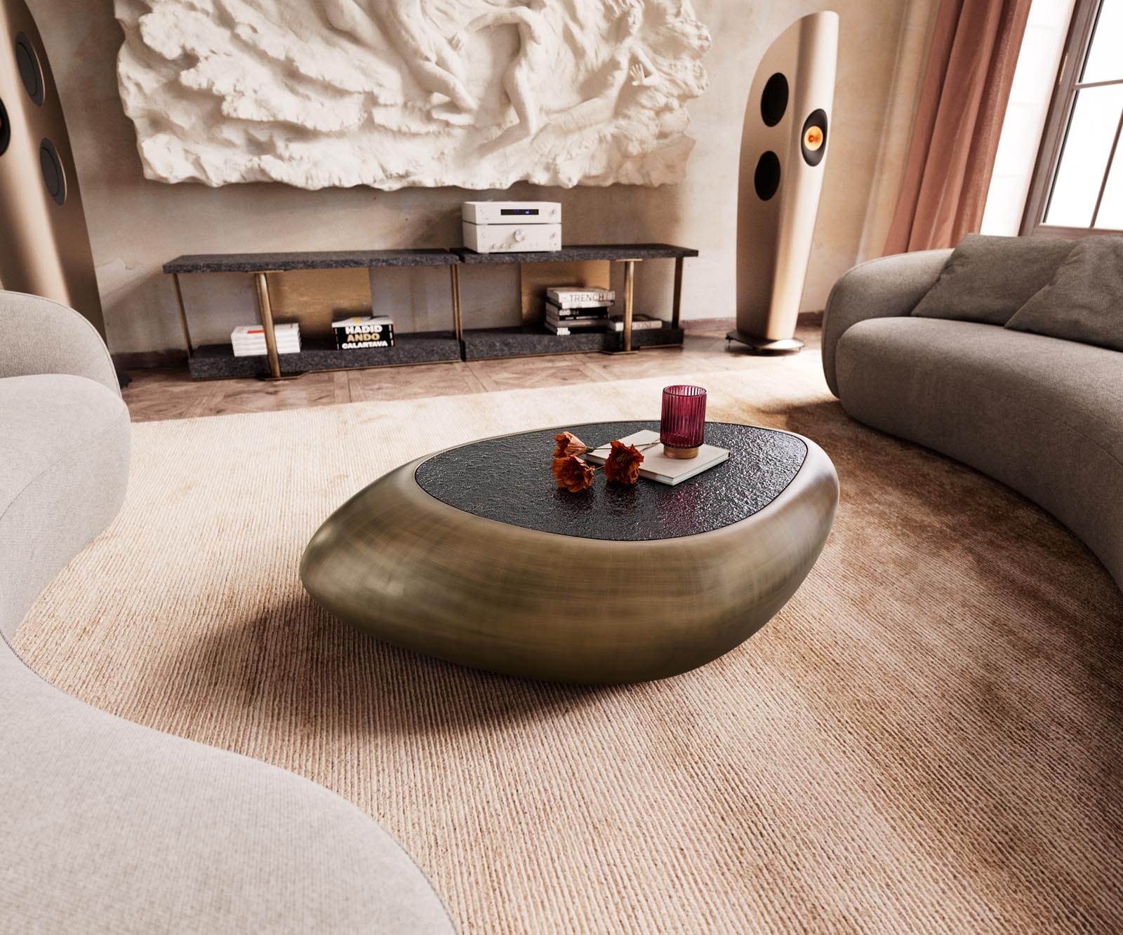 DELIFE Couchtisch Sagana 120x80 cm Metallic Gold mit Reliefglas Taupe