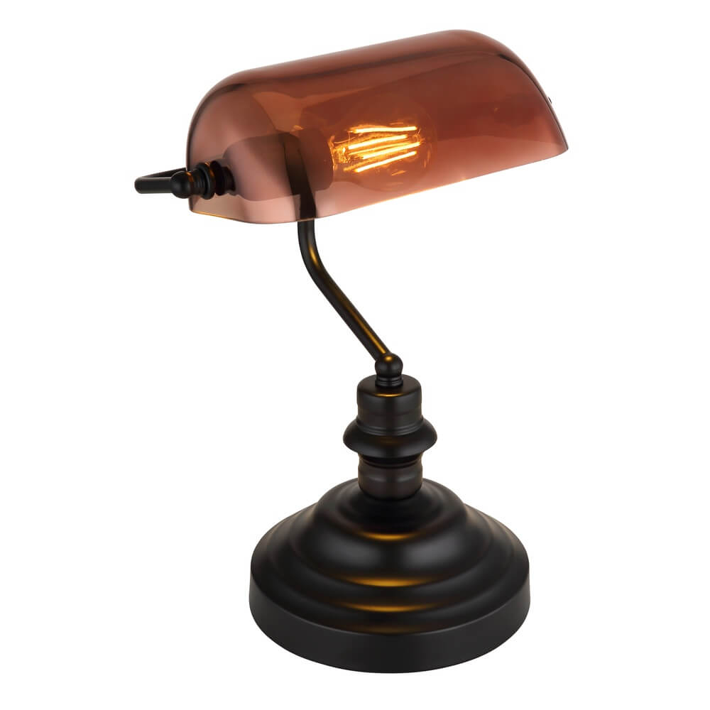 Globo Klassieke bureaulamp Antique zwart met bruin glas 2491C