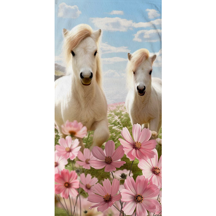 Good Morning Kinderstrandlaken Witte Pony's in Bloemenveld – 75x150 cm