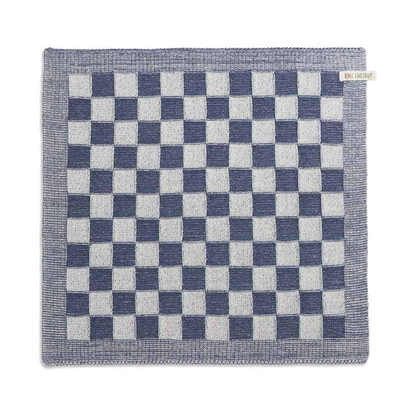 Knit Factory  gebreide keukendoek geruit - jeansblauw/ecru
