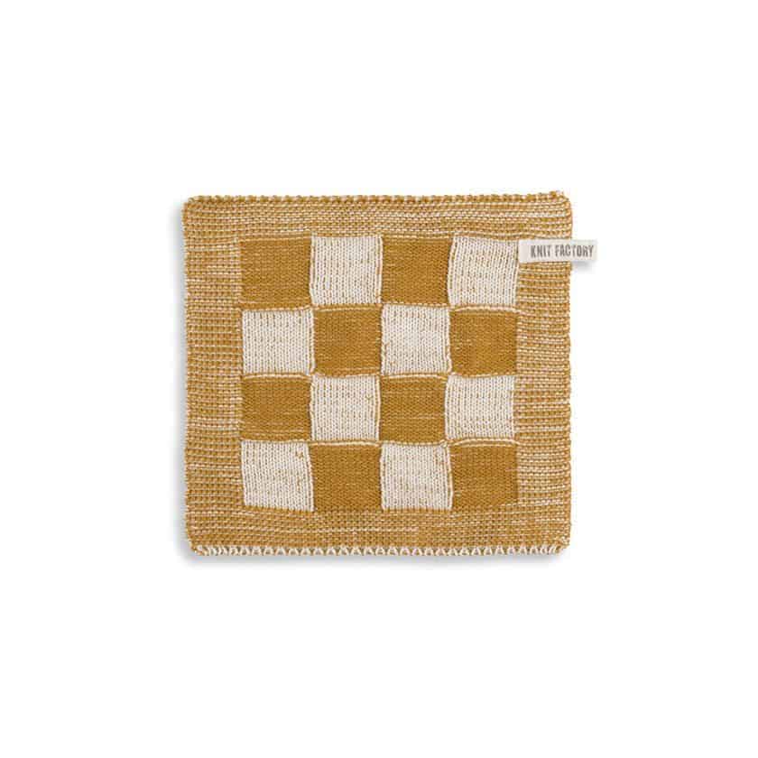 Knit Factory  gebreide pannenlap geruit - oker/ecru