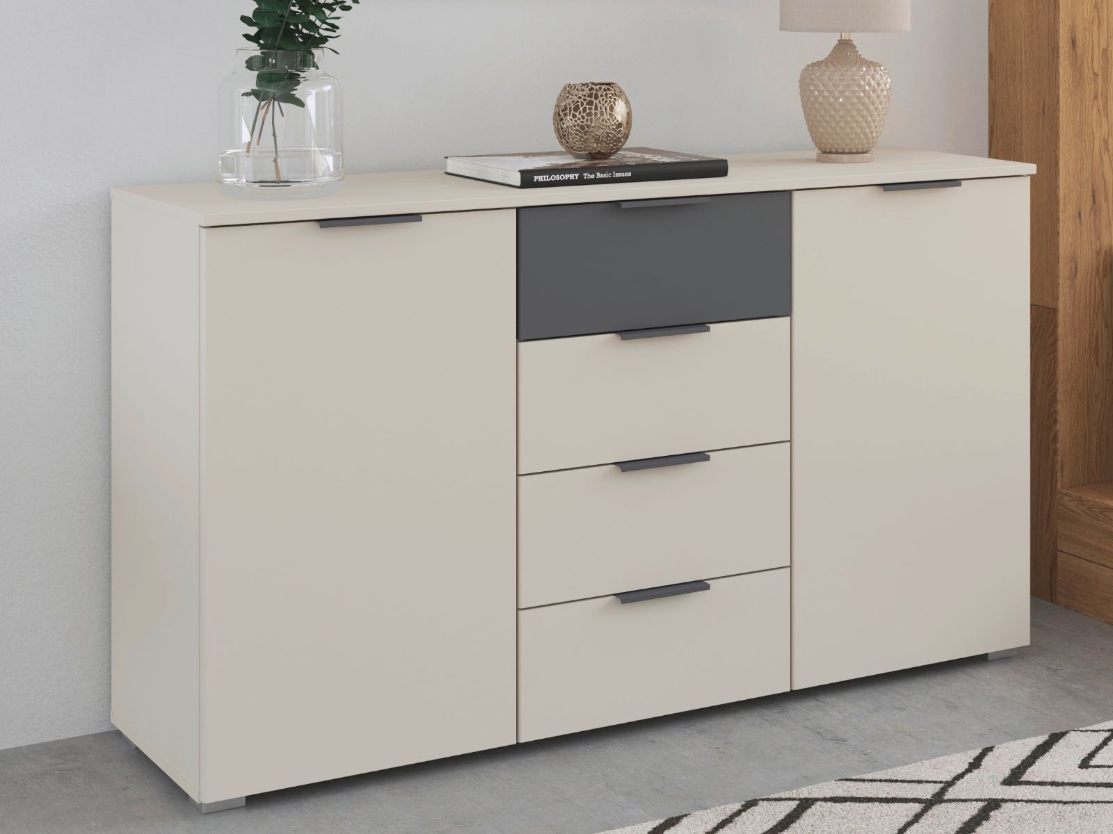 Mobistoxx Commode SAJORIS 2 deuren 4 lades kasjmier/metaalgrijs