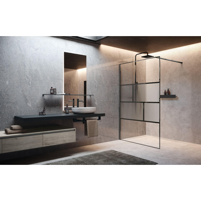 Novellini H art Inloopdouche - 90x200cm - Ribbelglas linea 2 - Brushed black chrome (gunmetal) harthc90-93n