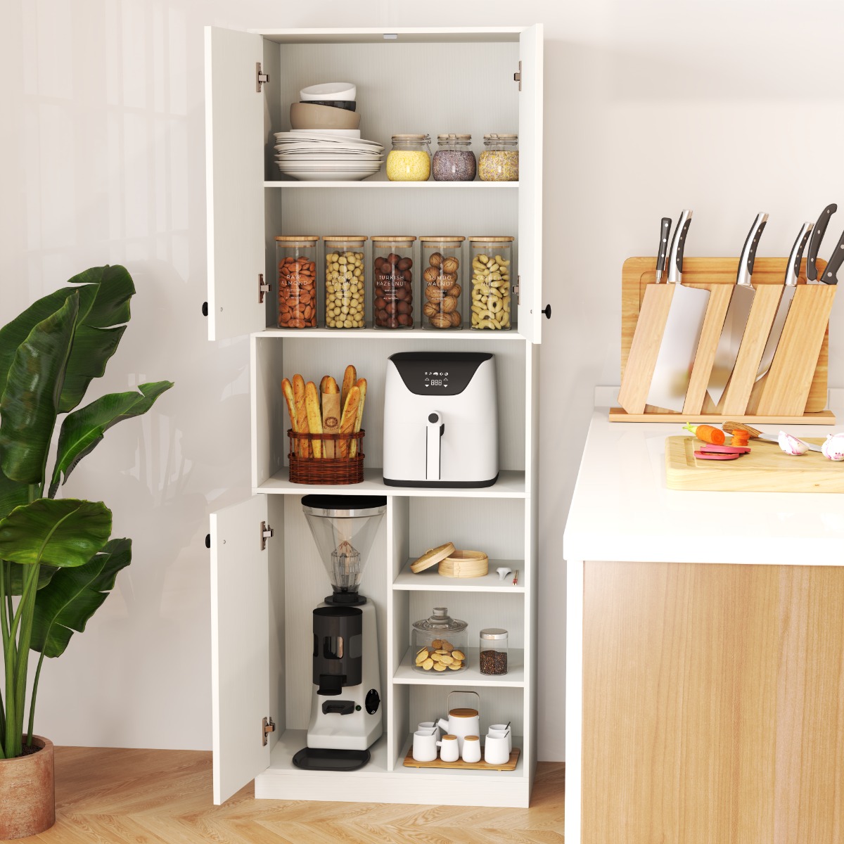 Costway 166 cm Keukenkast Moderne Buffetkast met Magnetronplank Hoge Opbergkast met Deuren voor Eetkamer Woonkamer Wit