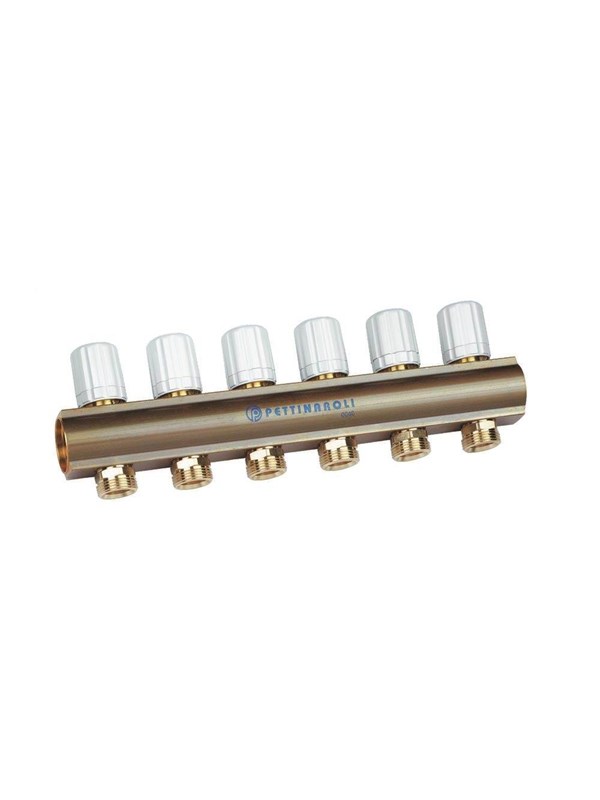 Pettinaroli Linear manifold 1x3/4/18 with thermostatic option or electrical control for return pipes compression ends without Fittingen 4 outlets
