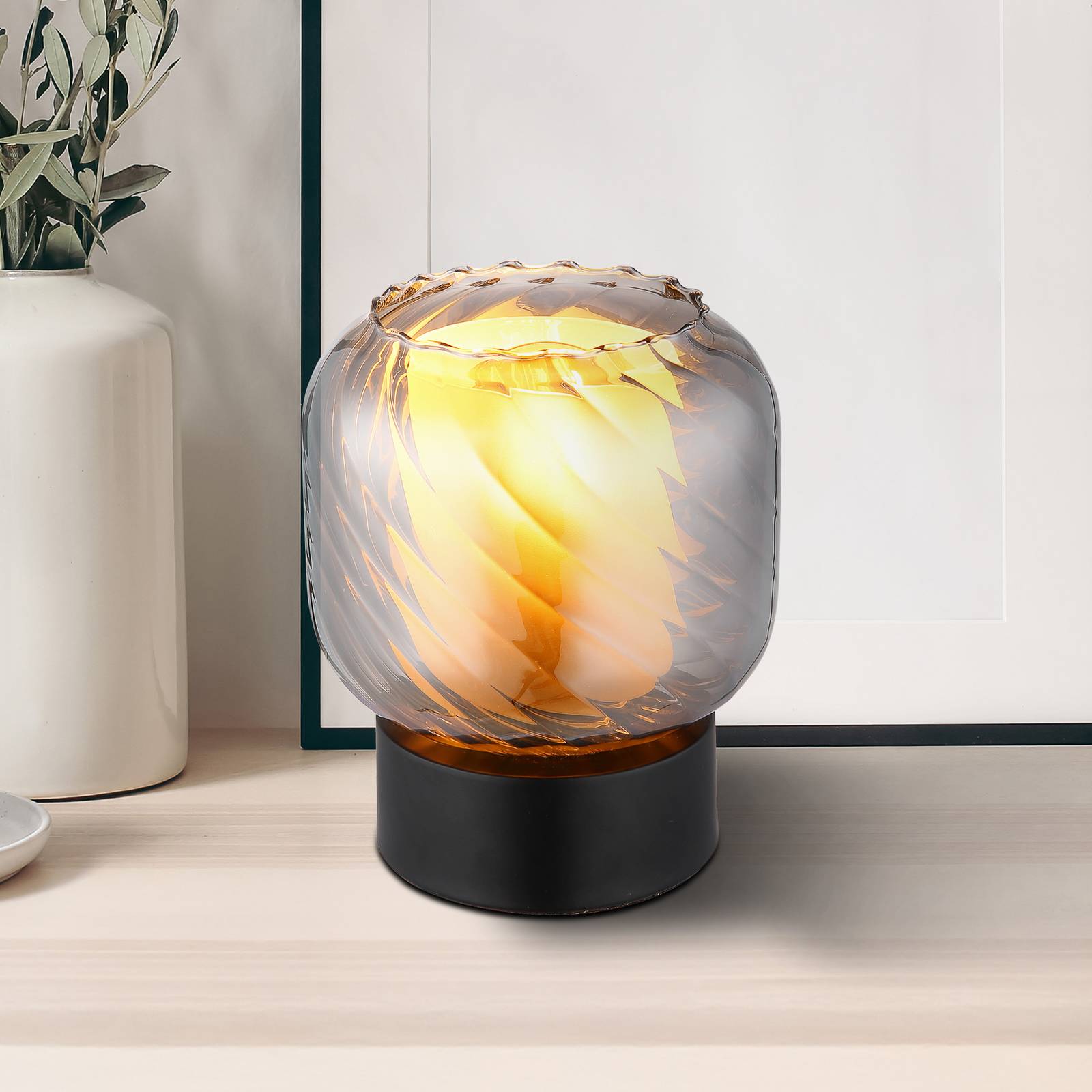 Globo Tafellamp Xia, hoogte 17 cm, rookgrijs, glas