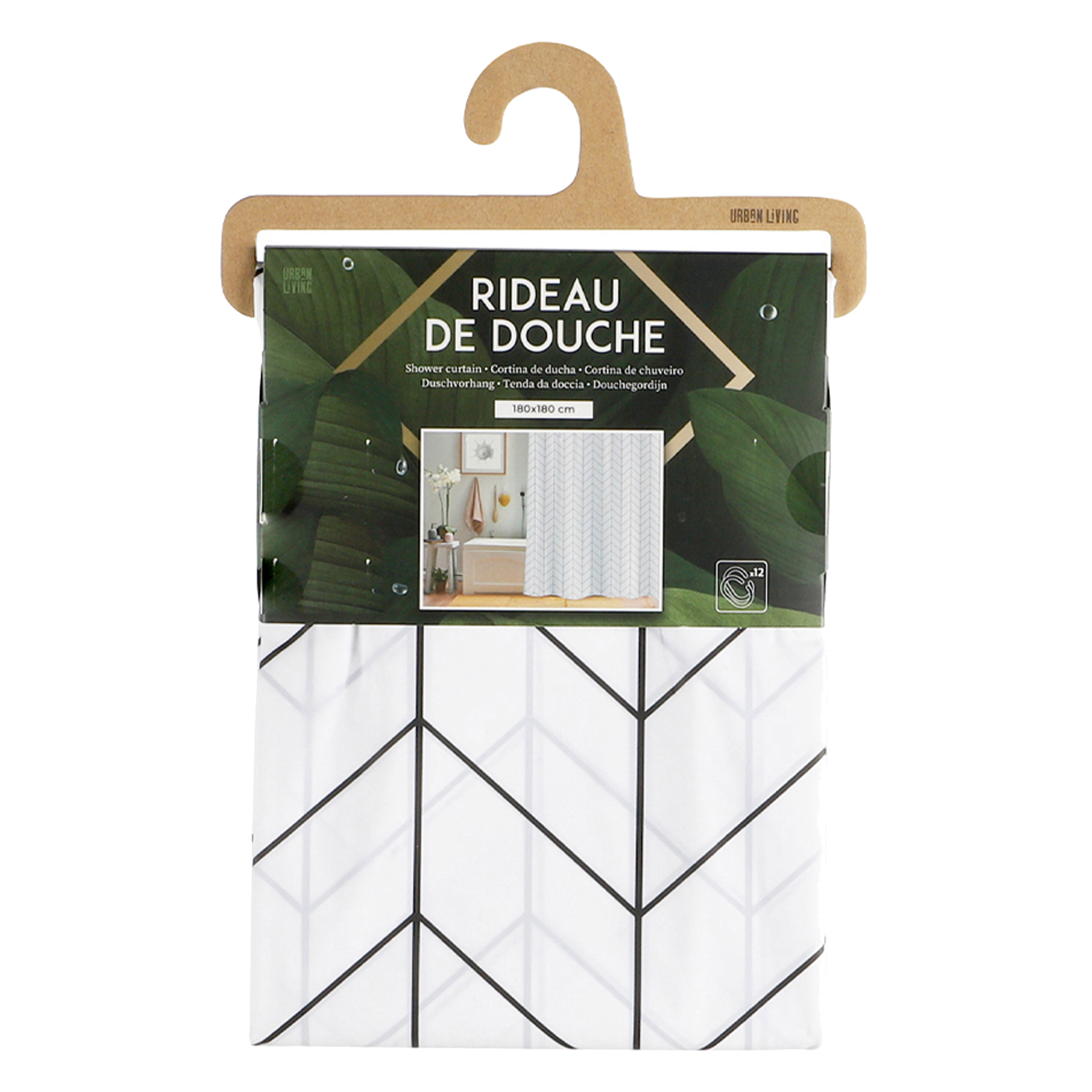 Urban Living Douchegordijn met ringen - wit/lichtgrijs - Lines print - PVC - 180 x 180 cm - wasbaar -