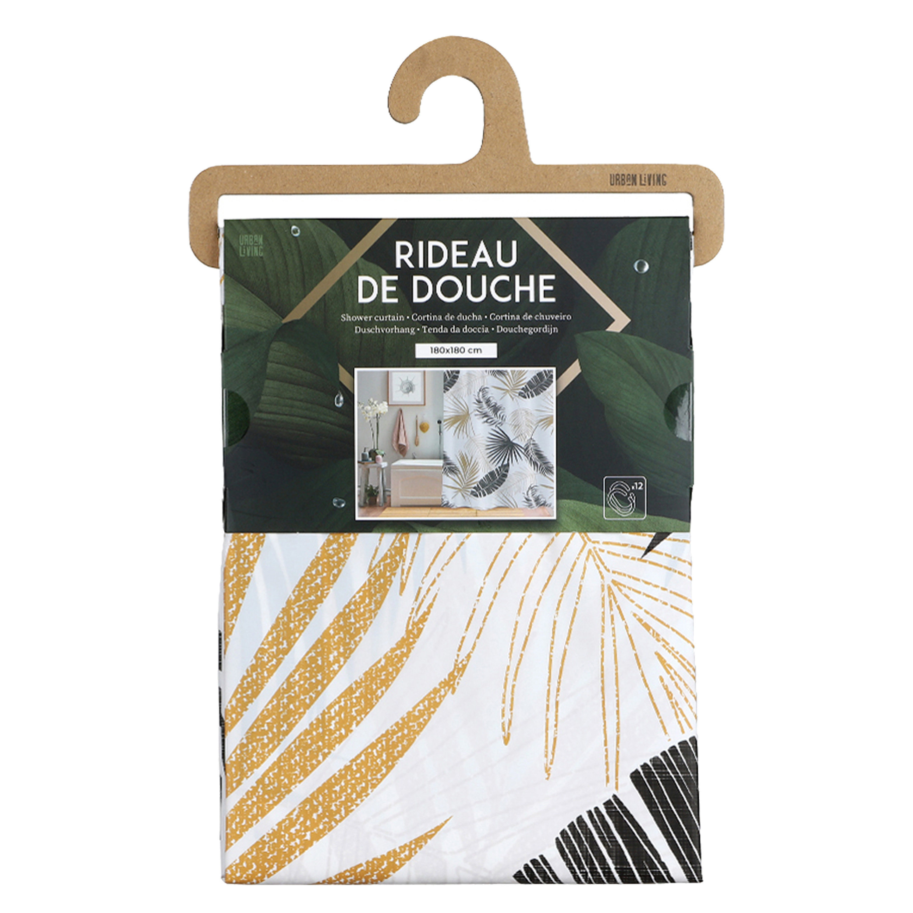 Urban Living Douchegordijn met ringen - wit/zwart/beige - Palmen print - PVC - 180 x 180 cm -