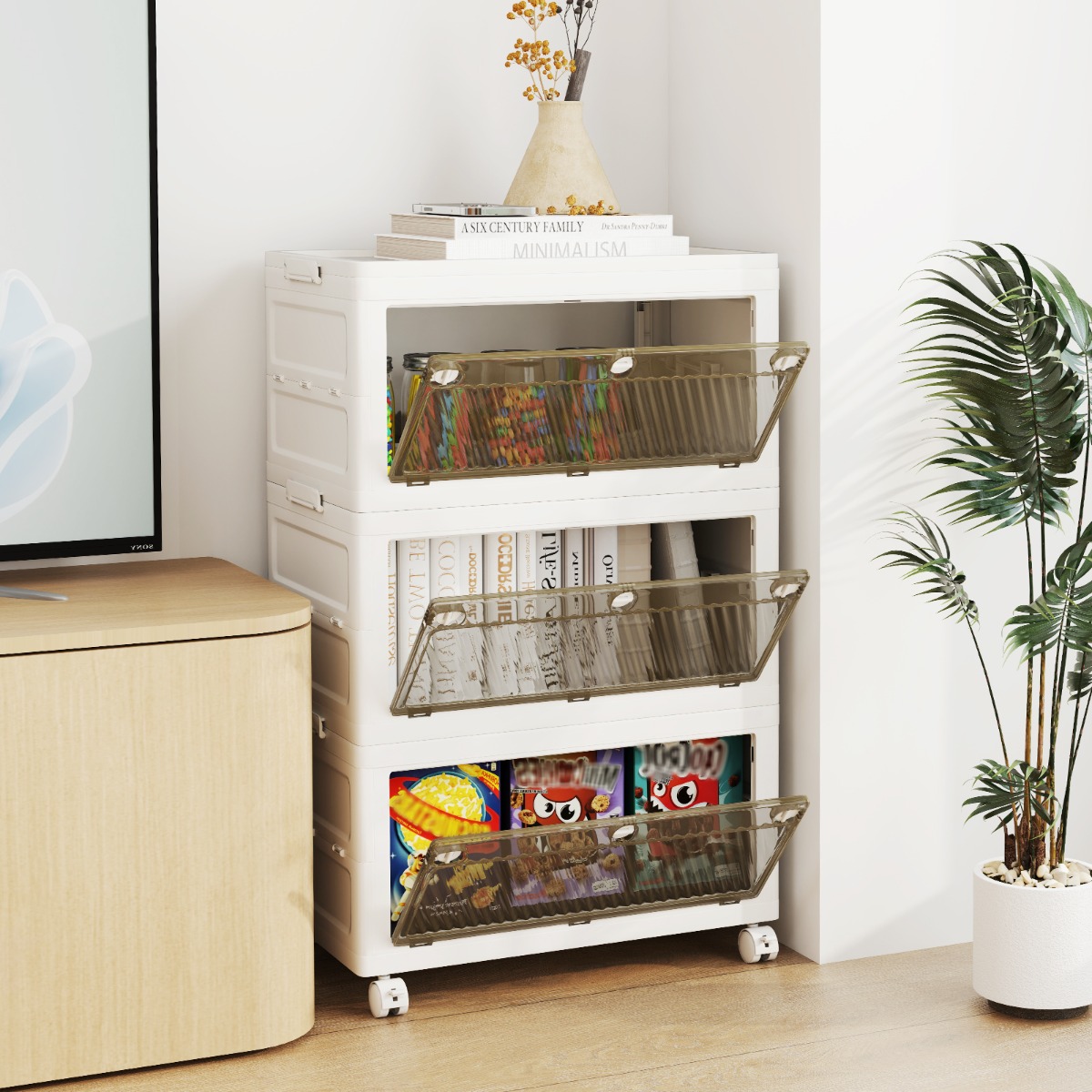 Costway Set van 3/4 Kunststof Opbergbakken 126 L/168 L Stapelbare Opbergbakken met Deksels Opvouwbare Opbergbak met Wieltje voor Slaapkamer