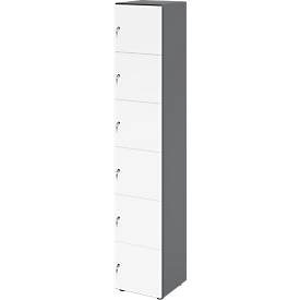Topas Line lockerkast, 6 dossierhoogtes, 6 vakken, cilinderslot, B 400 x D 420 x H 2156 mm, grafiet/wit