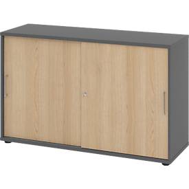 Breno schuifdeurkast, afsluitbaar, spaanplaat, gemelamineerd, B 1200 x D 400 x H 748 mm, 2 dossierhoogtes, grafiet/eiken