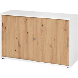 Breno schuifdeurkast, afsluitbaar, spaanplaat, gemelamineerd, B 1200 x D 400 x H 748 mm, 2 dossierhoogtes, wit/eiken