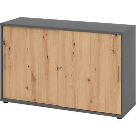 Breno schuifdeurkast, afsluitbaar, spaanplaat, gemelamineerd, B 1200 x D 400 x H 748 mm, 2 dossierhoogtes, grafiet/eiken