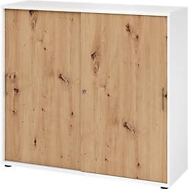 Breno schuifdeurkast, afsluitbaar, spaanplaat, gemelamineerd, B 1200 x D 400 x H 1100 mm, 3 dossierhoogtes, wit/eiken