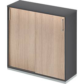 Schäfer Shop Genius schuifdeurkast TETRIS WOOD, 3 OH, B 1200 mm, incl. stalen sokkel, grafiet/eiken