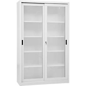Schuifdeurkast, 5 ordnerhoogtes, 4 in hoogte verstelbare legborden, glazen deuren, afsluitbaar, B 1200 x D 450 mm x H 1950 mm, staal, lichtgrijs RAL 7035