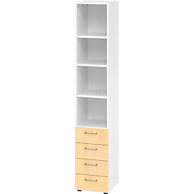 Combinatiekast Breno, met 4 laden & schapelement, 6 OH, B 400 x D 420 x H 2156 mm, spaanplaat, wit/maple