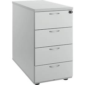 Aanbouwmodule, 4 laden, metalen handgrepen, afsluitbaar, voetglijders, incl. materiaalbakje & 4 verdeelschotten, B 400 x D 800 x H 730 mm, spaanplaat, grijs
