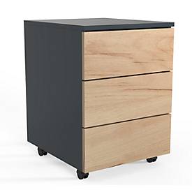 Verrijdbare lade Dalosa, 3 greeploze laden, B 390 x D 450 x H 550 mm, hout, antraciet/honingeik