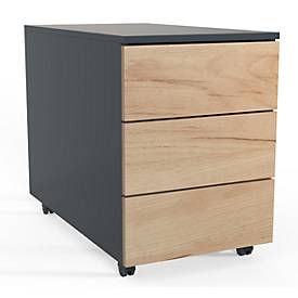 Verrijdbare lade Dalosa, 3 greeploze laden, B 390 x D 700 x H 550 mm, hout, antraciet/honingeik