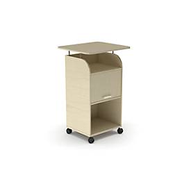 BEXXSTAR mobiele sokkel, 2 legborden, 1 afsluitbaar compartiment met handgreep, bovenblad, zwenkwielen, B 700 x D 630 x H 1130 mm, hout, ahorn afwerking