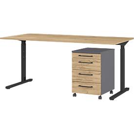 2-delige kantoormeubelset Profi 2.0, bureau, mechanisch in hoogte verstelbaar, incl. verrijdbare ladeblok met 4 laden, zwart/graphite/eiken