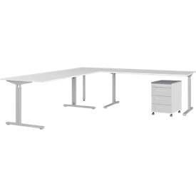 4-delige kantoormeubelset Profi 2.0, bureau/hoekcombinatie, incl. verrijdbare ladeblok met 4 laden, zilver/graphite/lichtgrijs