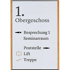 Moedel Leit- und Orientierungssysteme moedel wandbord LMH, DIN A3, staand formaat, frame van hout en aluminium, zelfklevend of schroefbevestiging, B 308,5 x H 422,5 mm, zwart/eiken