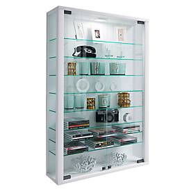 Vitrosa Mini wandkast, met LED verlichting, 8 legplanken, 2 draaideuren, B 590 x D 180 x H 910 mm, glas & hout, wit