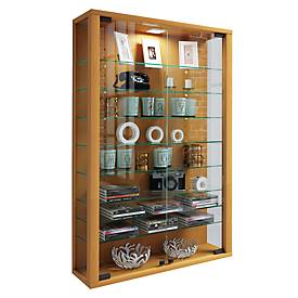 Vitrosa Mini wandkast, met LED-verlichting, 8 legplanken, 2 draaideuren, B 590 x D 180 x H 910 mm, glas & hout, decor beuk